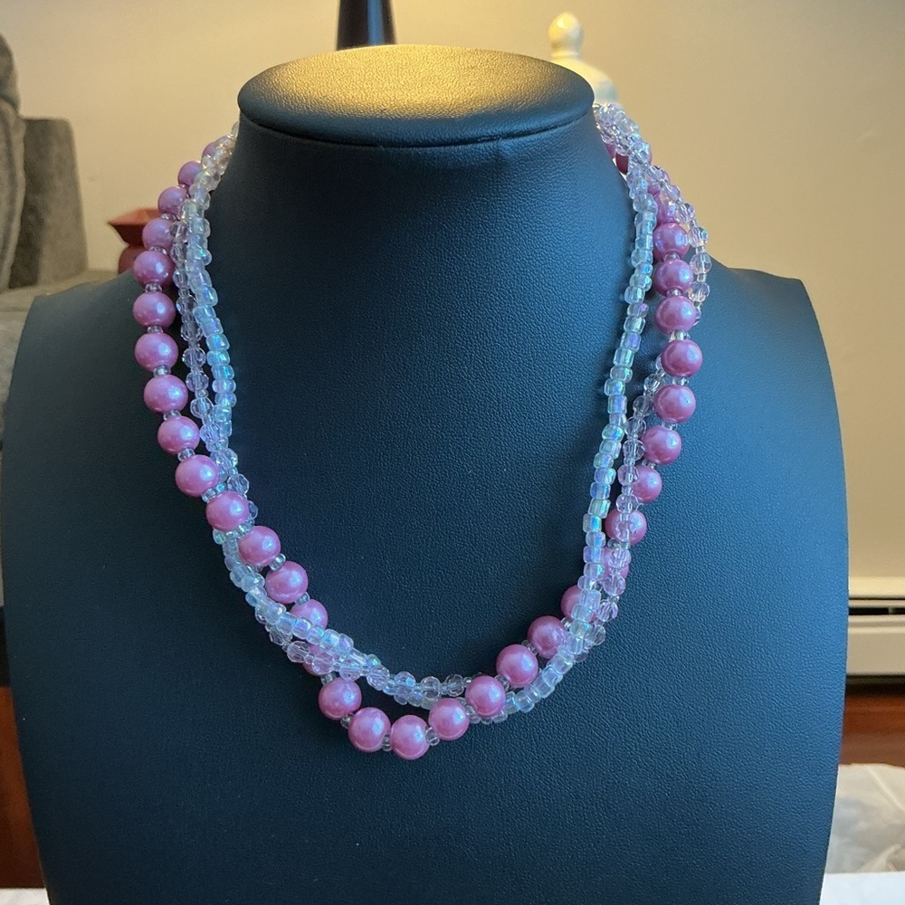 Pink Faux Pearl Multi Strand Silver Tone Necklace